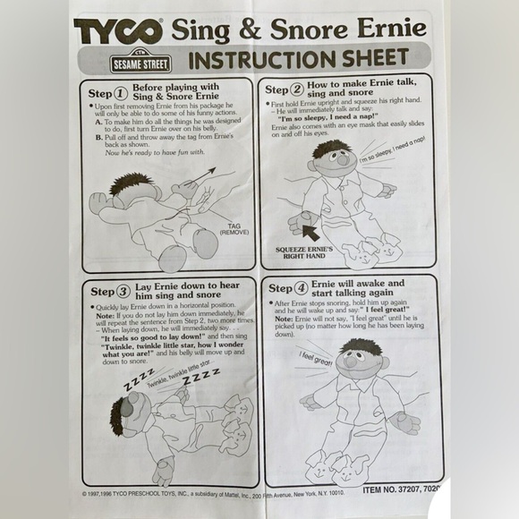 Vintage Working Sesame Street 1997 Tyco Nighttime Sing & Snore Ernie w/Eye Mask - Picture 9 of 9